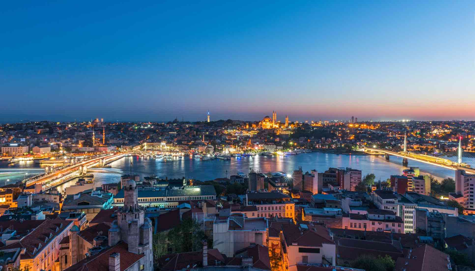 Panoramic view from Galata Tower overlooking the Golden Horn, Bosphorus, and Istanbul skyline with historic rooftops and boats on the water