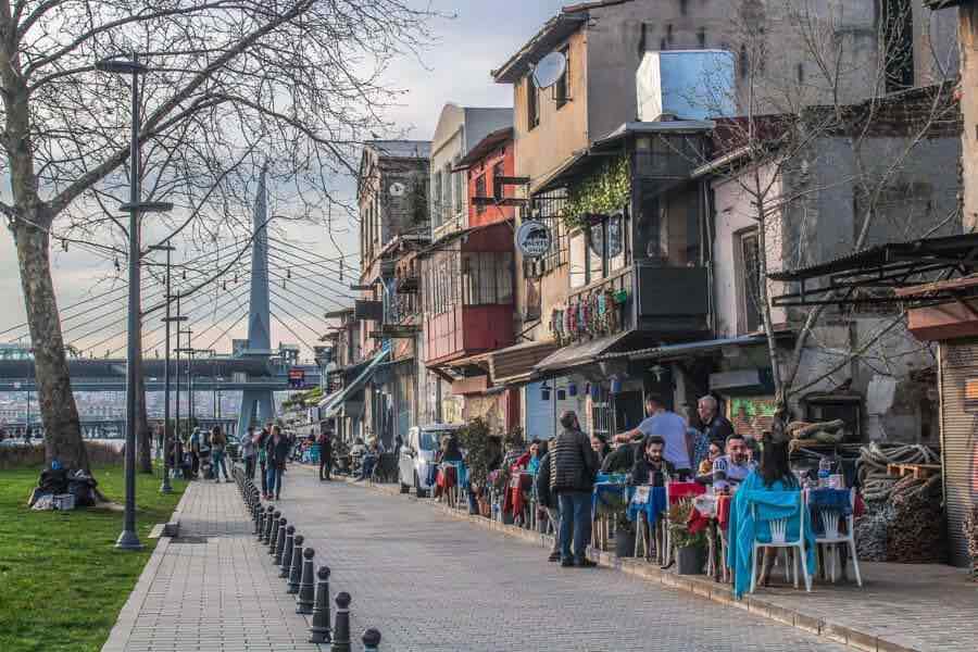 Karakoy and Beyoglu streets in Istanbul with cafes, shops, and lively atmosphere, ideal location for staying near Galata Tower