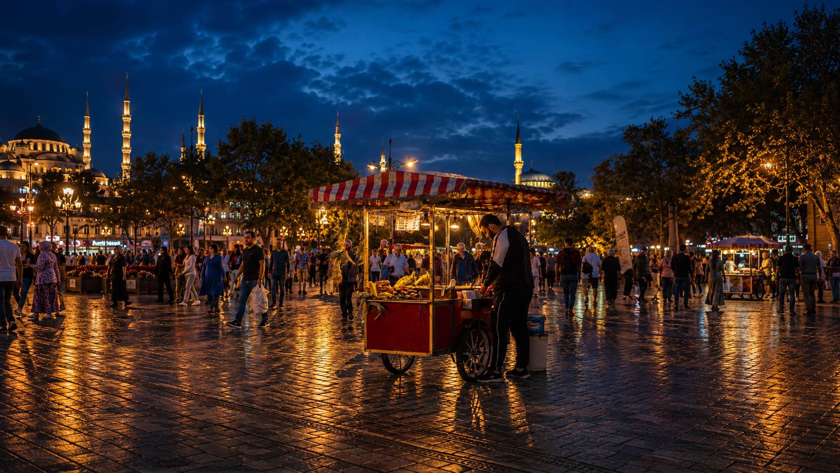 Evening street food scene near Taksim with people, lights, and lively city atmosphere