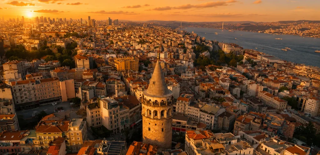 Aerial view of Galata Tower rising above the historic Karaköy district in Istanbul.