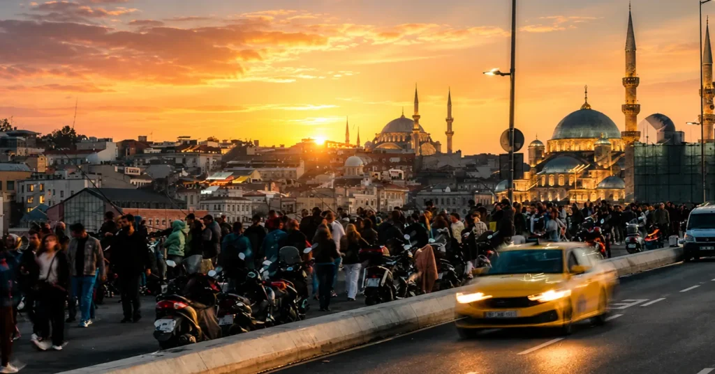 Crowded street near Taksim Square with yellow taxi and evening city life