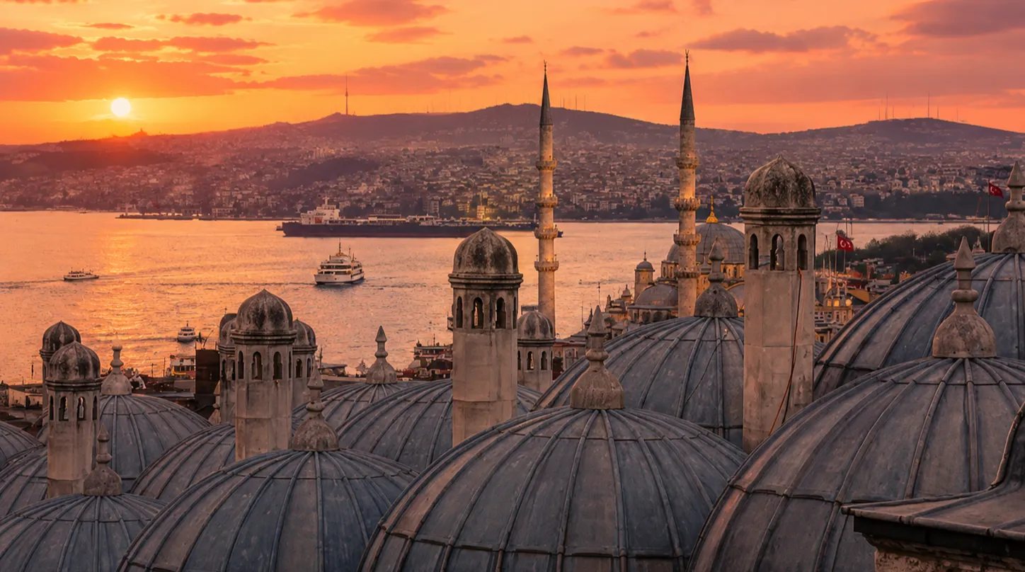 Sunset view over Istanbul from Suleymaniye Mosque with the Bosphorus and historic skyline.