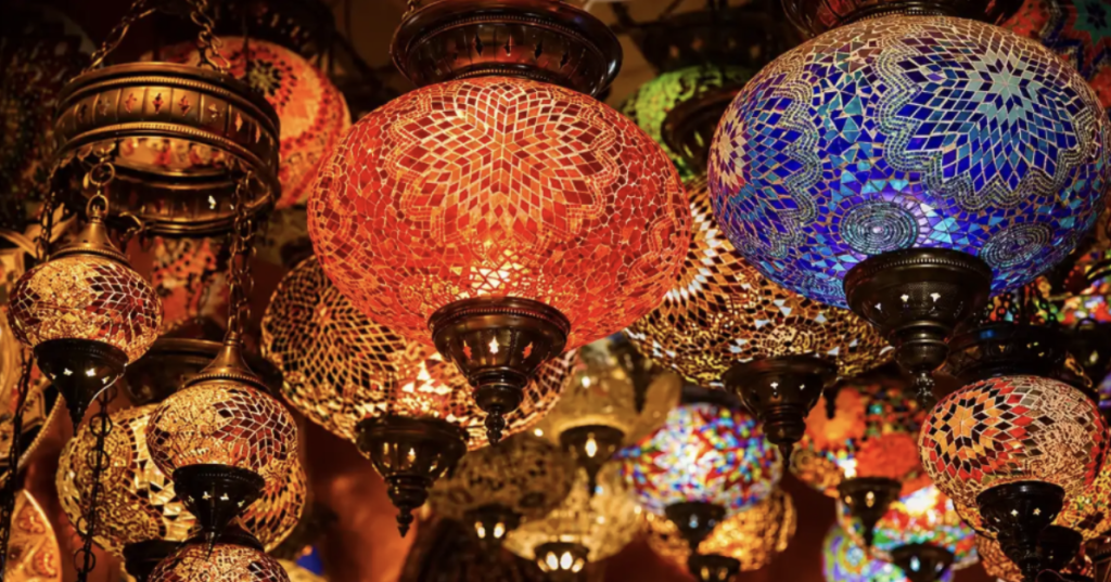 Colorful handmade Turkish mosaic lamps inside Istanbul's historic Grand Bazaar