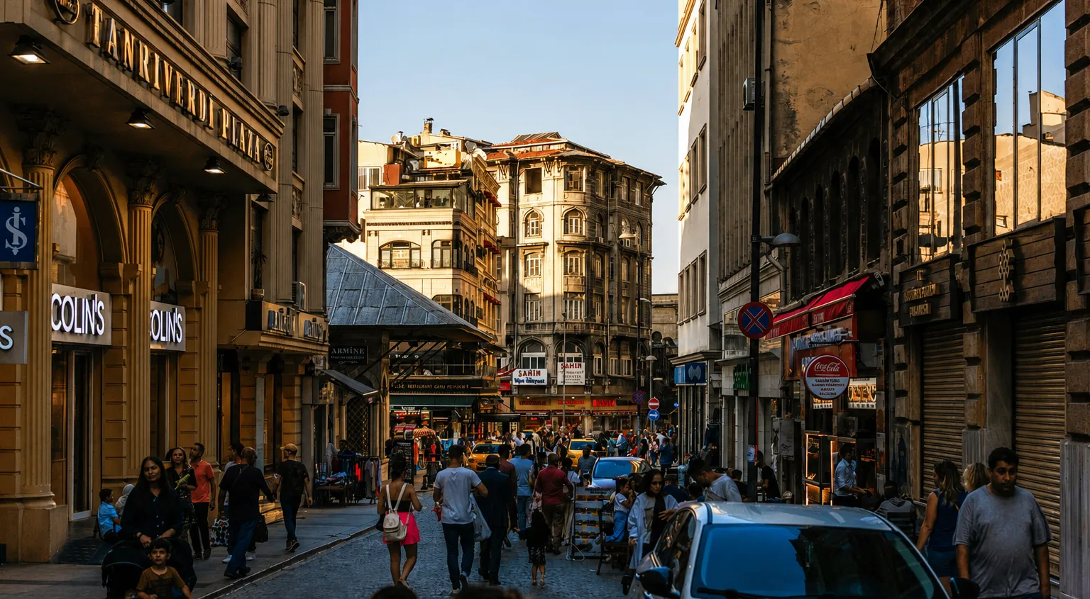 Busy Istanbul street lined with historic buildings, shops and pedestrians