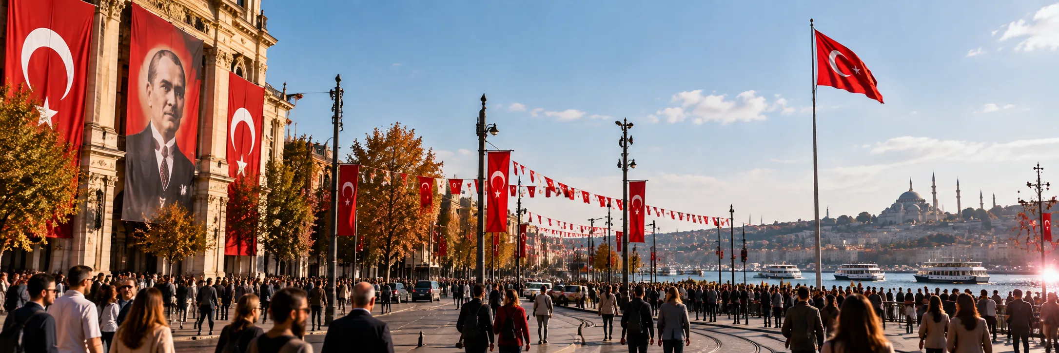 Republic Day celebrations in Istanbul on 29 October with Turkish flags along the waterfront