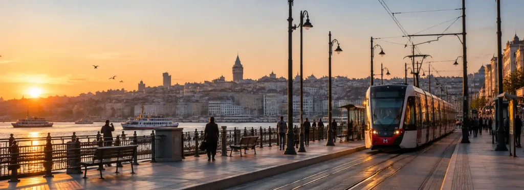 T1 tram passing along Istanbul's waterfront near Karaköy and Galata Tower in the early morning
